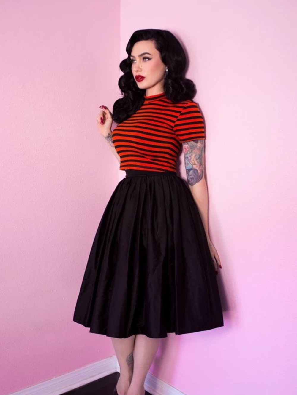 Vixen Striped Orange & Black Cropped Tee
